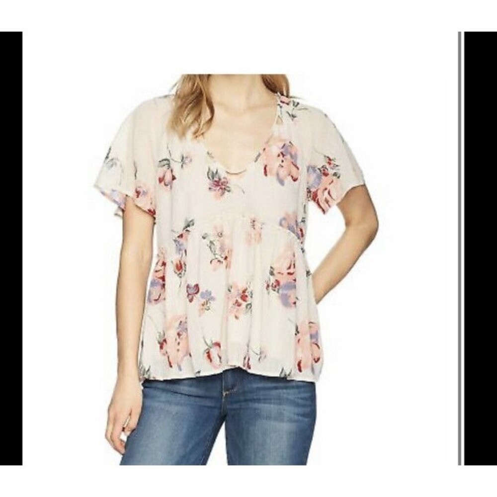 Lucky Brand Womens S/S Floral Flutter Sleeve Baby Doll Shirt Top Blouse: M Pink
